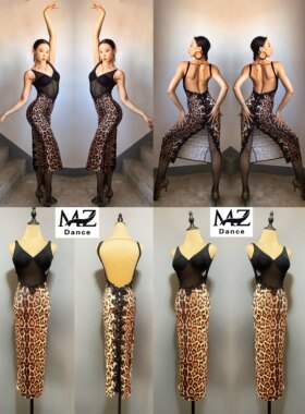 MZDance L-30成人女士拉丁舞服艺考表演练习网纱豹纹拼接长裙