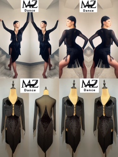 MZDance L-028女士拉丁舞裙院校艺考表演比赛深V长袖流苏连衣裙