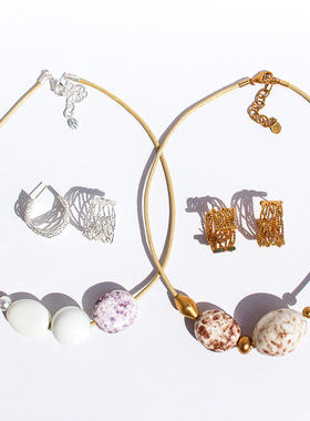 原创设计款油画晕染老陶瓷串珠项链女小众镂空麻花线条C耳环饰品