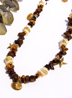 原创虎眼石黄水晶串珠项链海洋度假系天然贝壳海螺锁骨链毛衣链饰