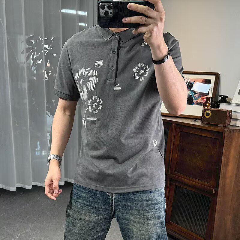 日系潮流花卉印花翻领短袖POLO衫男夏季痞帅青年修身百搭半袖体恤