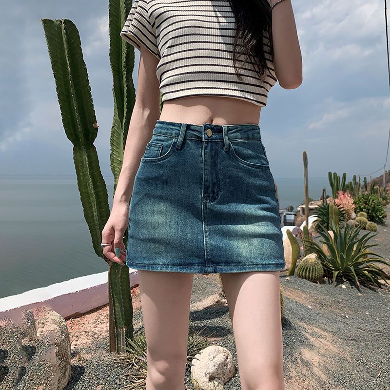 有内衬新款弹力牛仔短裙2025年高腰显瘦辣妹小个子包臀半身裙子