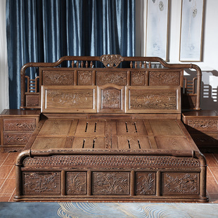 红木床 实木床1.8米卧室家具双人床铺高箱储物抽屉床 鸡翅木床中式