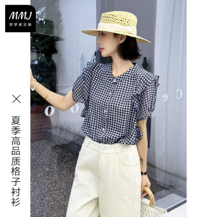 夏季新款减龄休闲圆领格纹短袖衬衫女设计感气质时尚显瘦洋气小衫