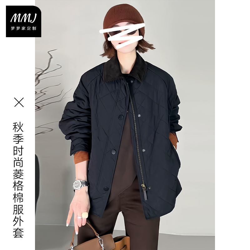 韩系慵懒风灯芯绒领菱格棉服外套