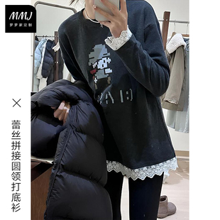 慵懒风蕾丝花边拼接磨毛打底衫女卡通印花设计宽松减龄长袖T恤潮