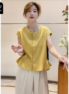 法式设计感木耳花边飞袖衬衫女夏季轻奢时尚减龄宽松黄色小衫上衣