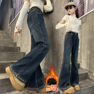 女童牛仔裤2025新款加厚脚口波浪