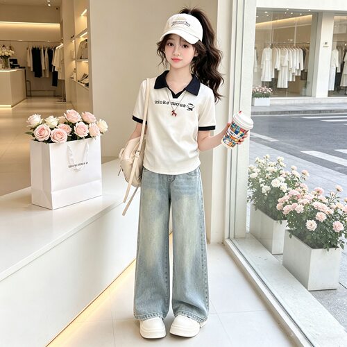 女童夏套装学院风短袖牛仔裤超火
