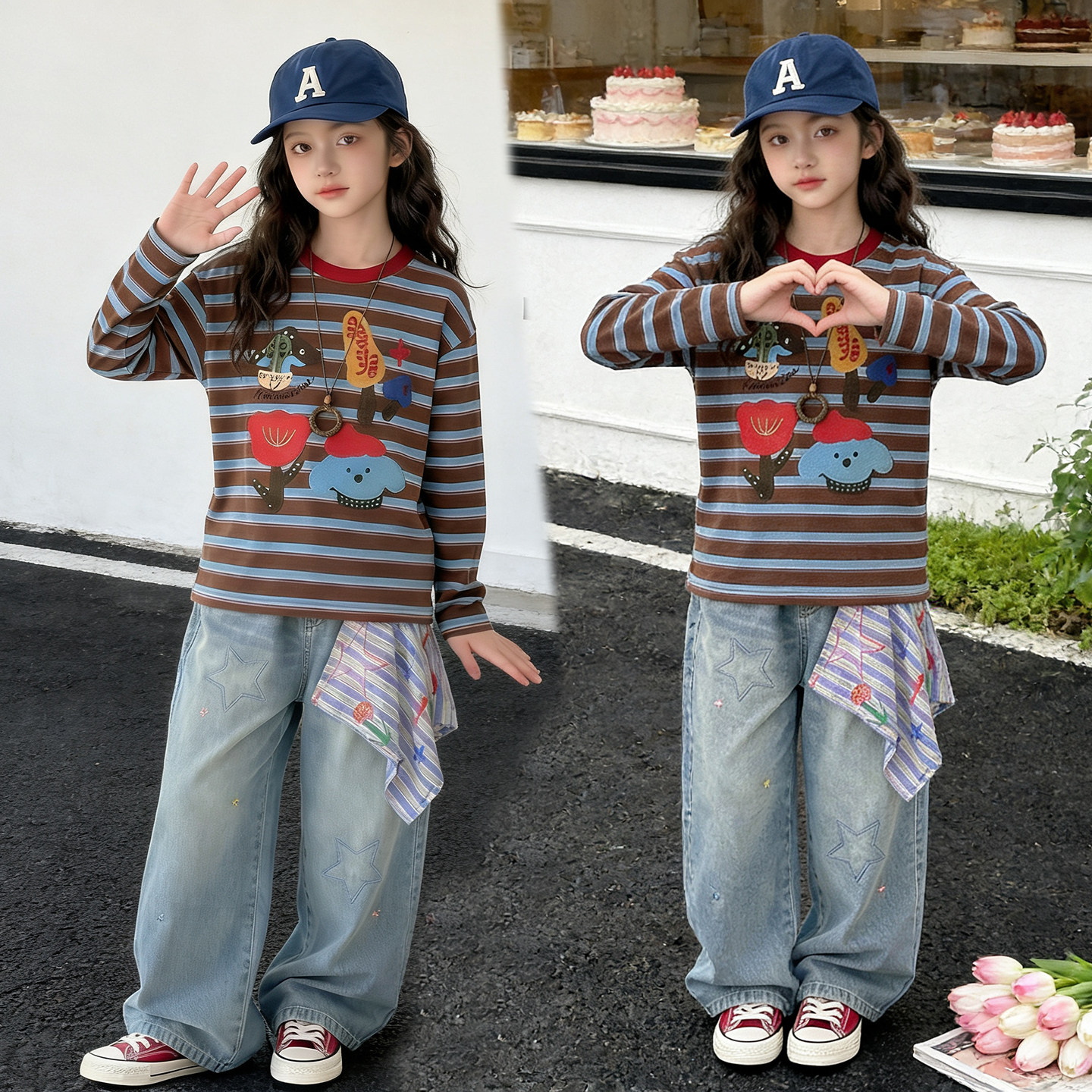 女童咖色条纹长袖T恤2026新款9岁10小女孩卡通11春秋13初中生上衣