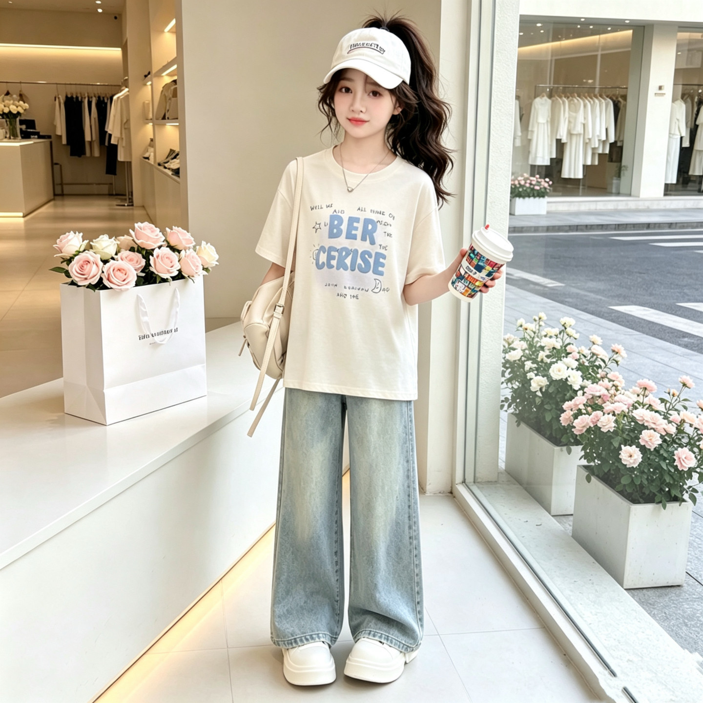 女童夏季T恤套装2026新款韩版洋气超好看女孩短袖t恤牛仔裤两件套