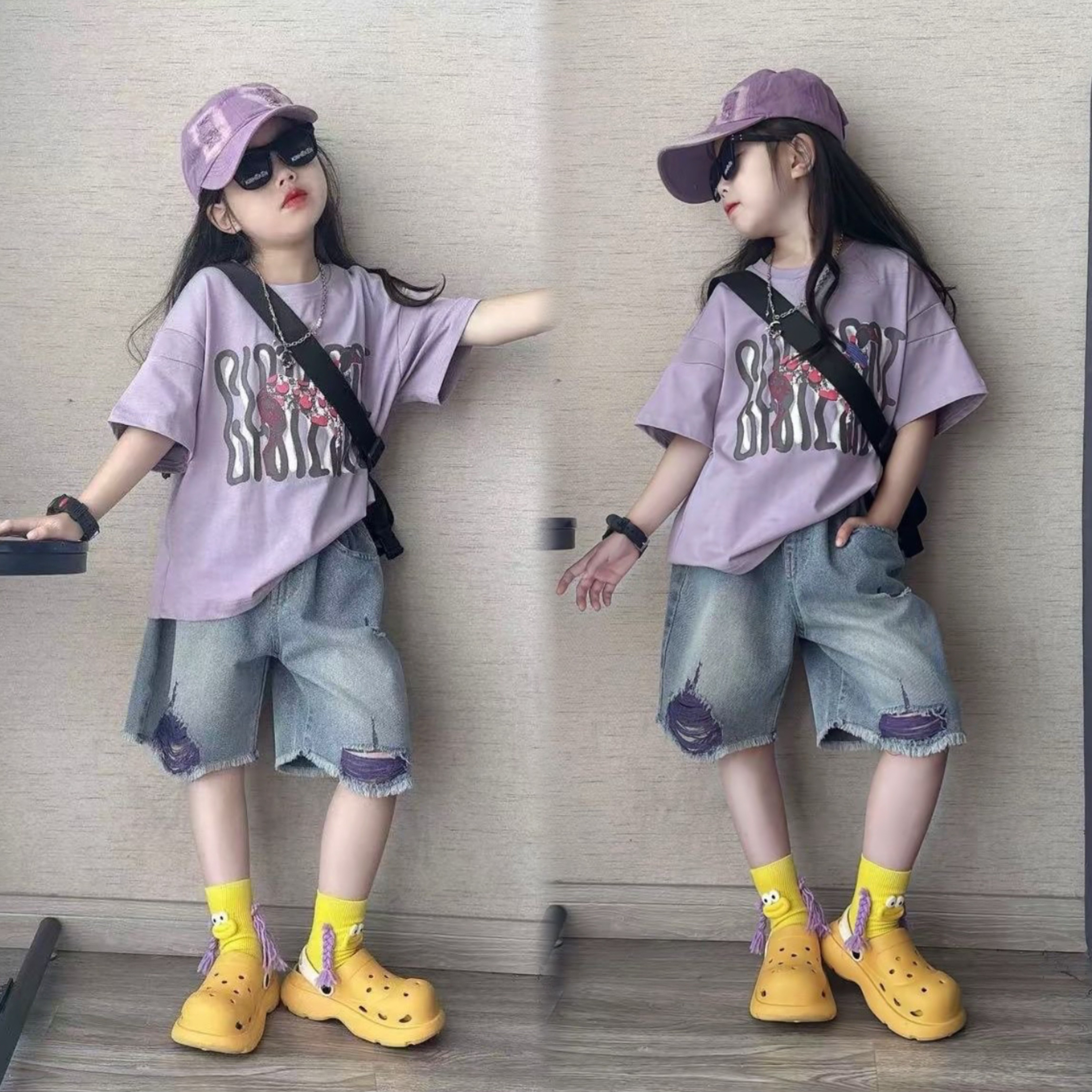 女童夏装套装2026新款夏季儿童短袖T恤超火女宝t休闲破洞牛仔短裤