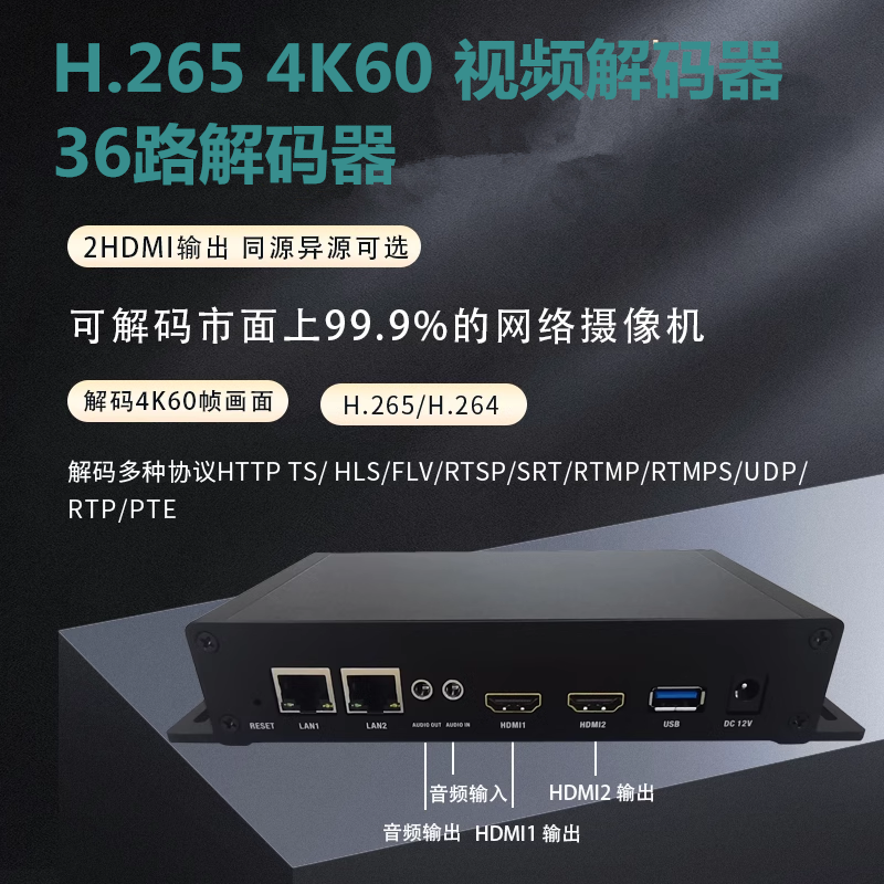36路解码4K60解码器网络摄像机解码h.265 hdmi 视频36路解码器SRT
