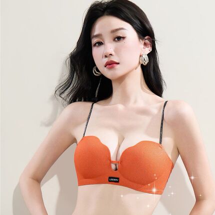 性感风细肩带文胸女聚拢小胸显大橙色无钢圈内衣中厚杯上托显瘦