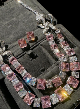 帕帕拉恰方糖宝石蝴蝶结项链时尚超美腻镀18K金巴比粉石耳环百搭