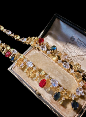 在逃公主彩虹雨滴宝石项链 古董感 镀18K金 非凡洋红花朵锆石耳环