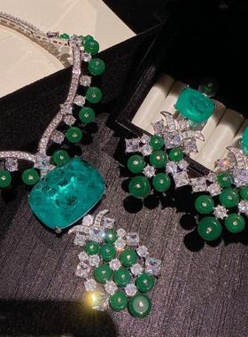 意大利宫廷绿玉髓葡萄帕绿大宝石项链 Vintage 璀璨葡萄锆石耳环