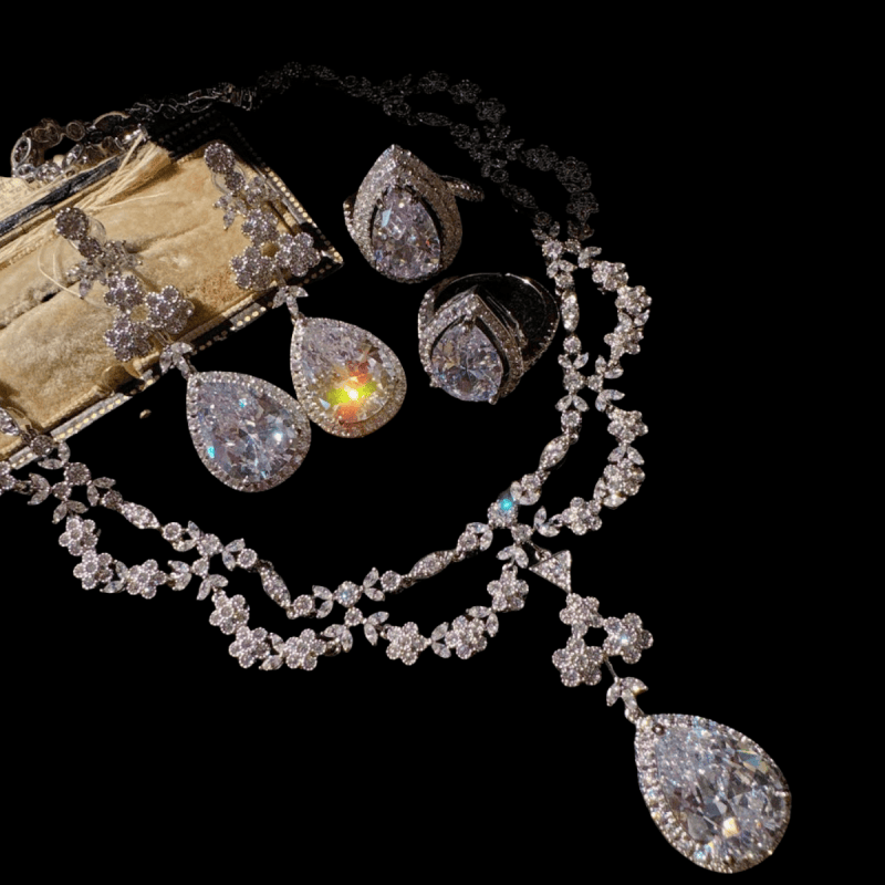 日落水滴蕾丝花瓣赫本宝石项链 Vintage镀18K金 花藤锆石泪滴耳环