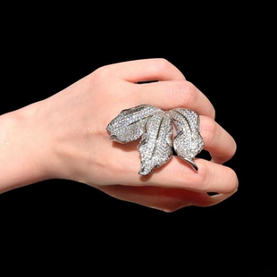 古巴比伦 霜花树叶宝石戒指 古董感 镀18K金 褶皱枯叶 锆石 项链