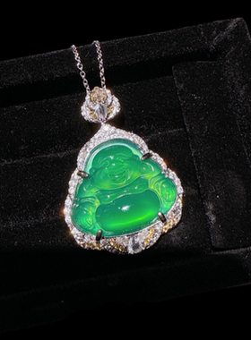 珠宝   马料绿玉髓玛瑙佛公吊坠项链 国风媲美翡翠弥勒佛项链