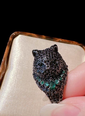 古巴比伦钢琴黑小猫宝石戒指 深海贝珠 梯方圆锆石黑珍珠 耳环