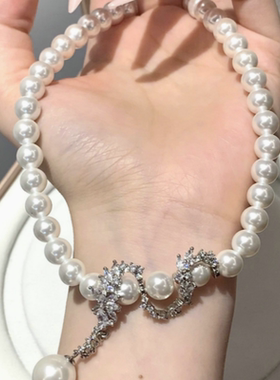 珠宝女神花藤缠绕宝石澳白色珍珠项链 设计师款 龙纹闪钻贝珠颈链