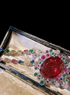 漩涡鸽血红宝石 花朵项链 Vintage 镀18K金 多宝蓟花彩宝锆石耳环