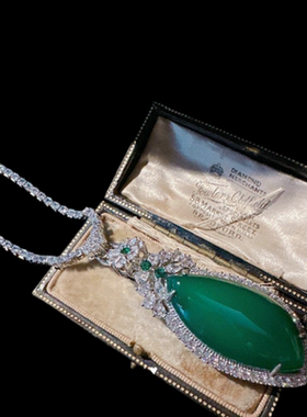 巴西绿玉髓玫瑰切柳叶宝石项链 古董感 镀18K金 冰种玉髓葫芦颈链