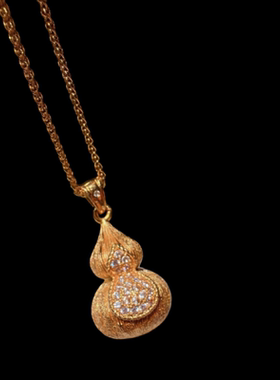 古法金色 点钻花窗可转动葫芦吊坠项链 新中式 花丝粉钻蝴蝶项链