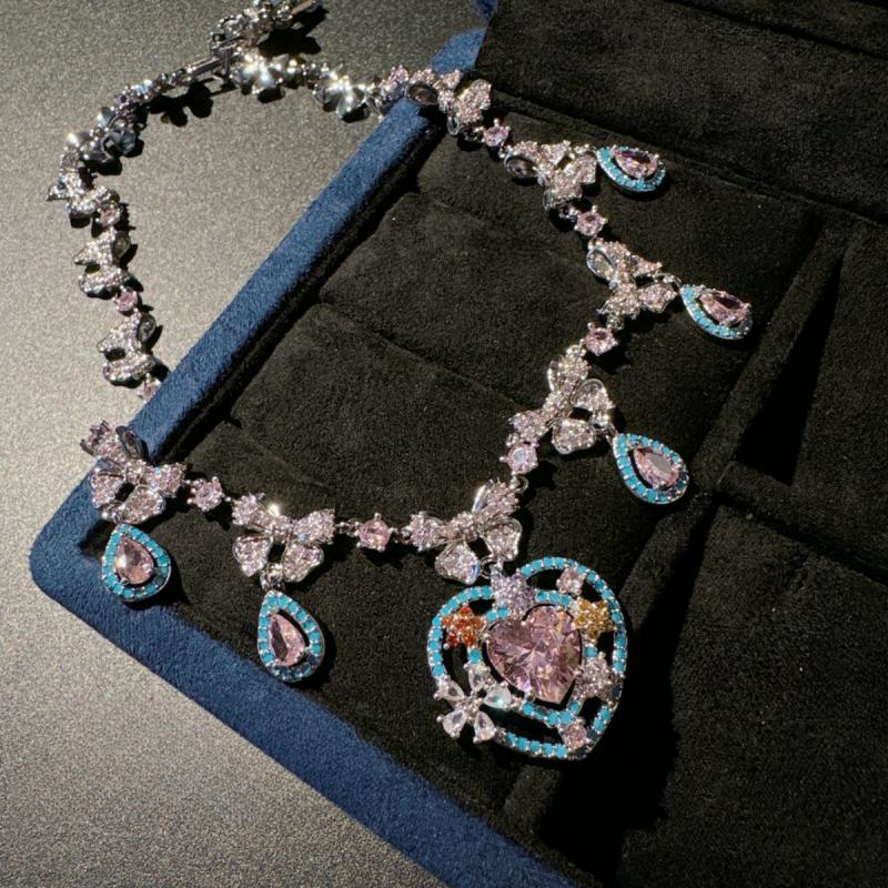 奥地利宫廷爱心水滴宝石项链 Vintage镀18K金 阿盖尔粉蝴蝶结耳环