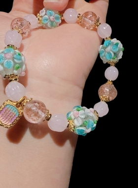 古法金箔香灰琉璃吞金兽手链 新中式 繁花似锦花球南瓜珠手串百搭