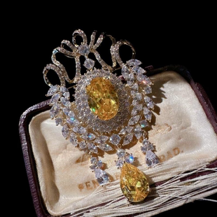 法拉赫皇冠麦穗宝石胸针古董感镀18K金暮光黄水滴锆石耳环组合