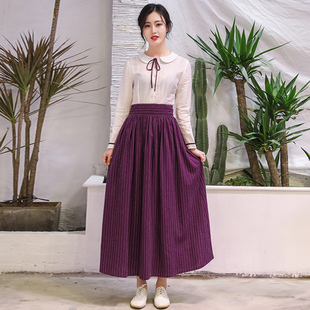 显瘦娃娃领长裙 复古文艺学院风棉麻拼接连衣裙女修身 2020春装 新款