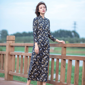 复古文艺民族风全棉碎花连衣裙女修身显瘦改良旗袍裙A字裙长裙秋