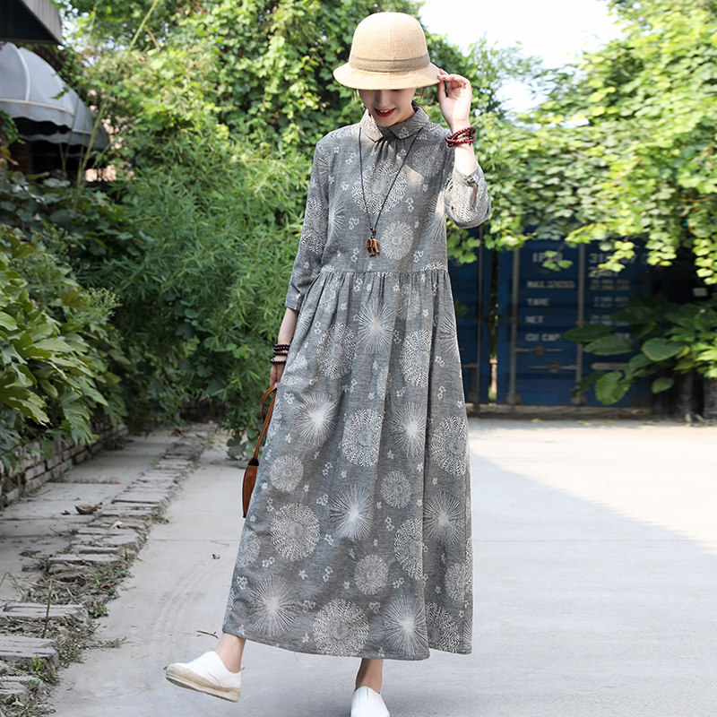 2021春季新款复古文艺棉麻提花宽松连衣裙女气质收腰显瘦长裙
