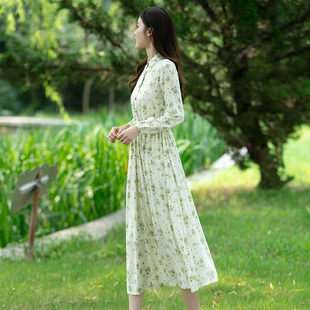 旅行文艺田园风天丝棉碎花连衣裙装宽松显瘦抽带中腰百搭长袖长裙