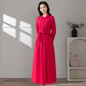 2025春秋新款旅行文艺红色棉麻连衣裙女收腰显瘦气质透气长袖长裙