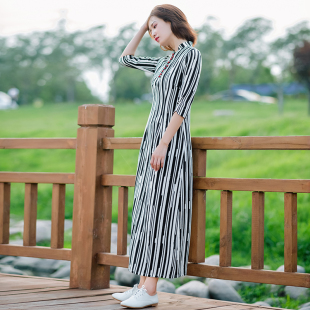 改良旗袍裙长裙 七分袖 2020春秋新款 复古文艺民族风亚麻连衣裙女装