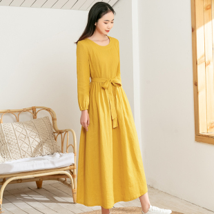 2024春秋新款 旅行文艺黄色棉麻连衣裙女收腰显瘦高端气质亚麻长裙