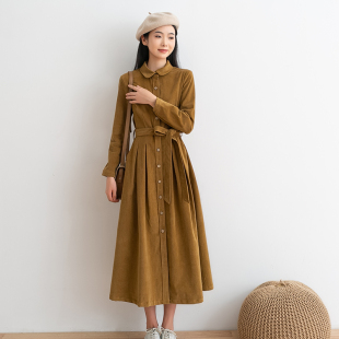 2024春秋新款复古文艺纯色灯芯绒连衣裙女修身显瘦风衣裙长袖长裙