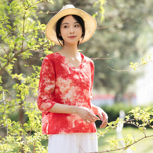 复古文艺纯苎麻扎染印花T恤女宽松显瘦轻薄透气V领上衣百搭套头衫