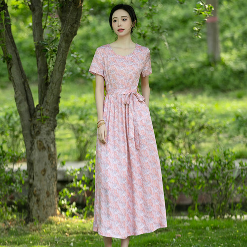 2025夏季新款复古文艺简约天丝棉碎花连衣裙女收腰显瘦短袖长裙