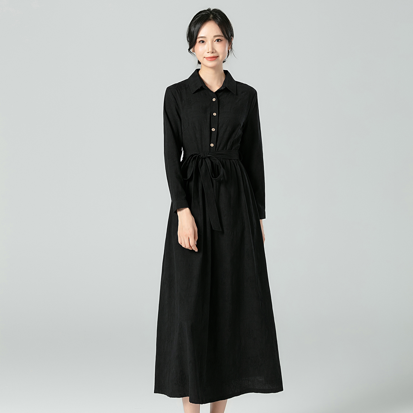 2025春秋新款复古文艺纯棉提花黑色连衣裙女收腰显瘦长袖腰带长裙
