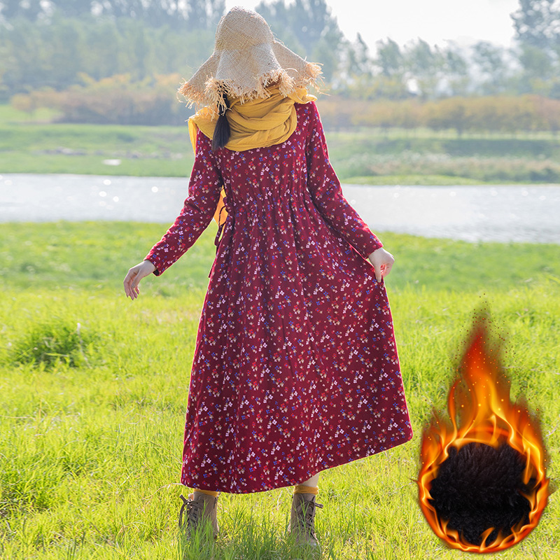 2024冬装新款全棉碎花连衣裙女宽松显瘦圆领长袖抽绳加绒加厚长裙