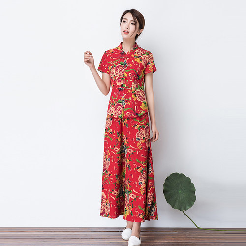 民族风立领盘扣阔腿裙裤短袖上衣