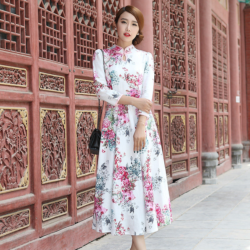 2020秋装新款棉麻印花盘扣连衣裙 改良旗袍裙 修身中式长裙大摆裙,女装/女士精品,连衣裙,淘宝优惠券,粉丝福利购,淘宝优惠卷