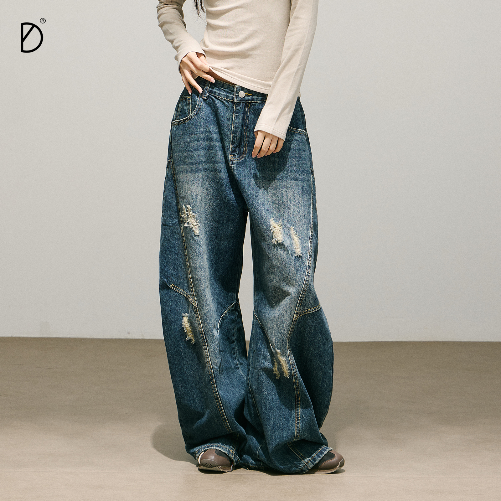 SMILE DDD弯刀牛仔裤女宽松复古蓝色磨白做旧阔腿显瘦美式休闲裤