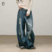 休闲裤 女宽松复古蓝色磨白做旧阔腿显瘦美式 DDD弯刀牛仔裤 SMILE