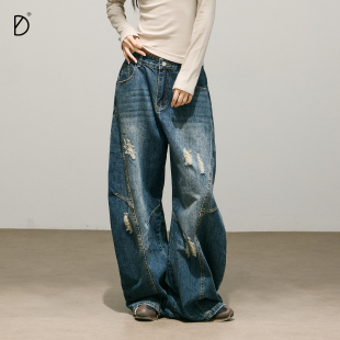 休闲裤 SMILE 复古蓝色磨白宽松阔腿显瘦女美式 弯刀牛仔裤 DDD