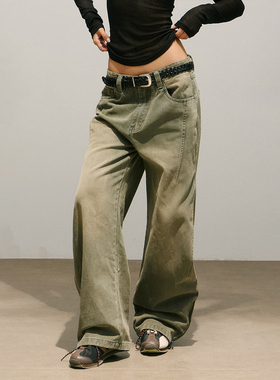 SMILE DDD美式复古做旧牛仔裤女洗水黄泥收褶秋冬阔腿弯刀长裤